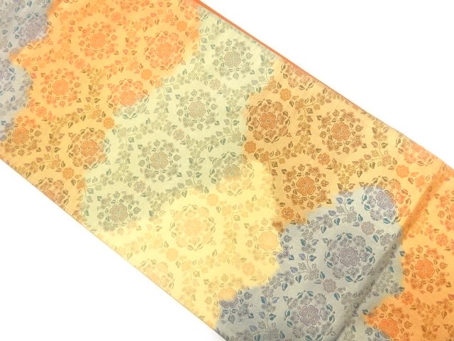 霞に花亀甲模様織出し全通袋帯